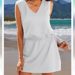 HOUNT White Short Beachy Drawnstring Sleeveless Dress size M NWT